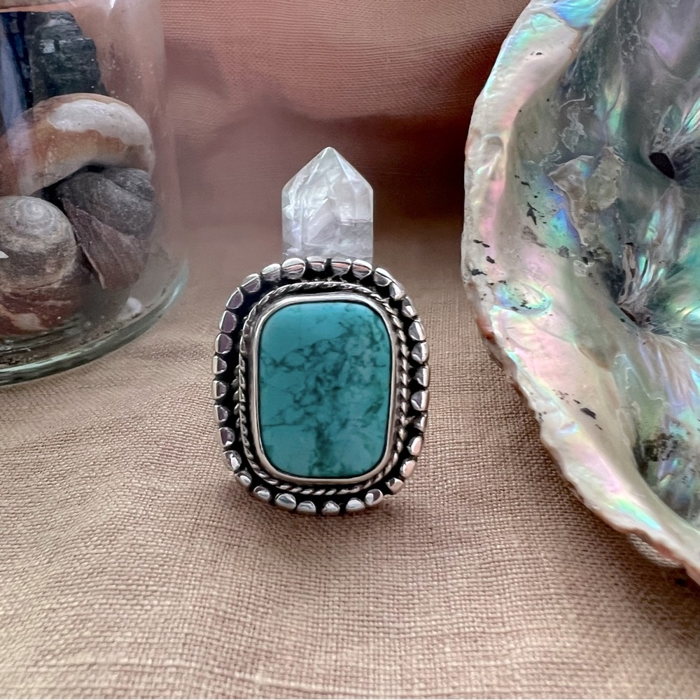 Turquoise beautiful detailed Indian ring - 925 Sterling silver